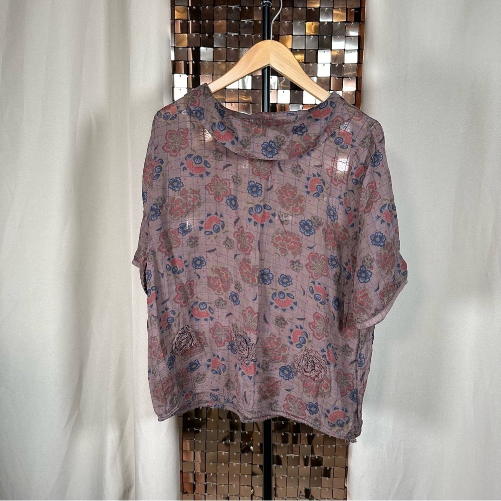 Vintage Purple, Maroon & Navy Checked Plaid & Floral Short Sleeve Sheer Blouse - Picture 1 of 9